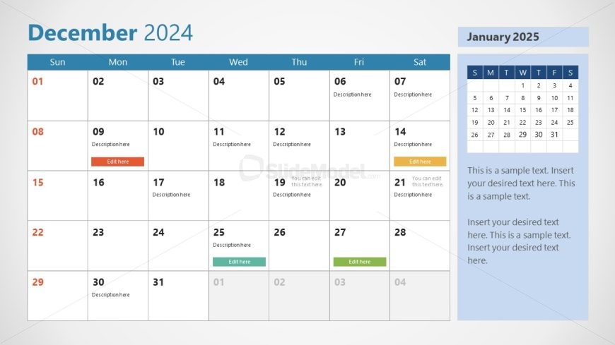 Editable December Month Slide for Calendar Template