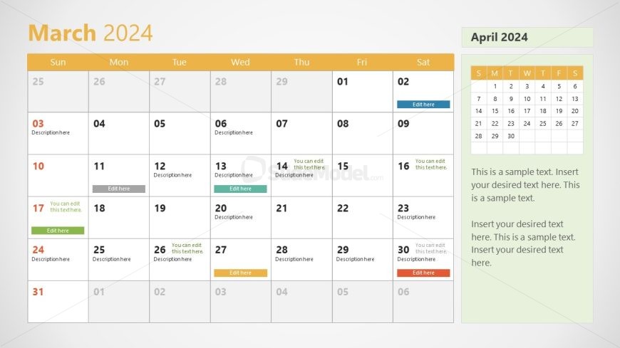 Calendar Template for PowerPoint - March Slide 