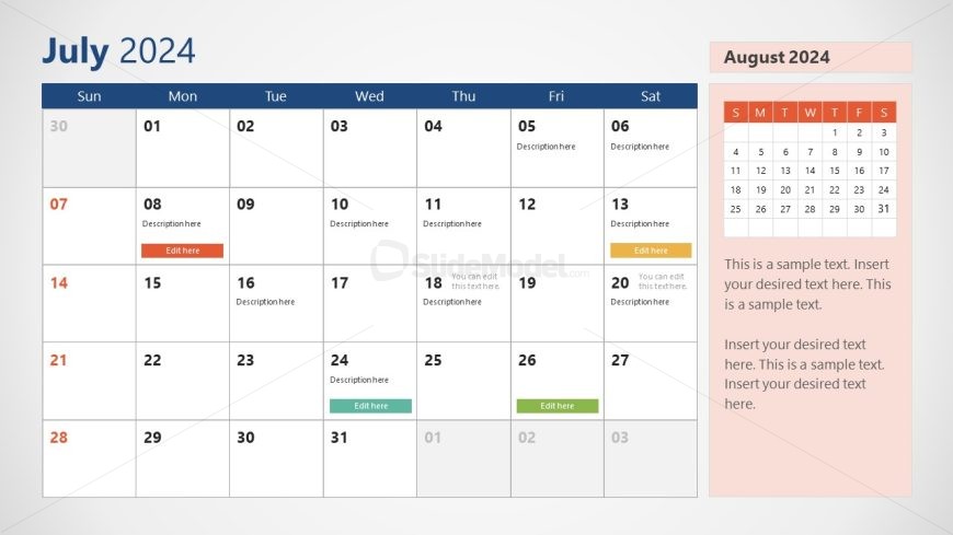 Month of July Slide for Calendar Template 