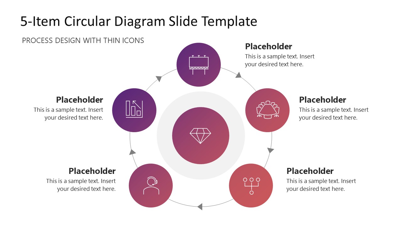 Presentation Template for 5-Item Thin Icons Circle Process Diagram