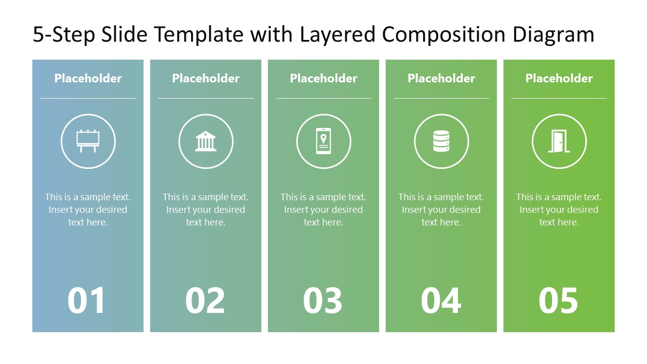 5-Step Slide Template for PowerPoint with Layered Composition Diagram
