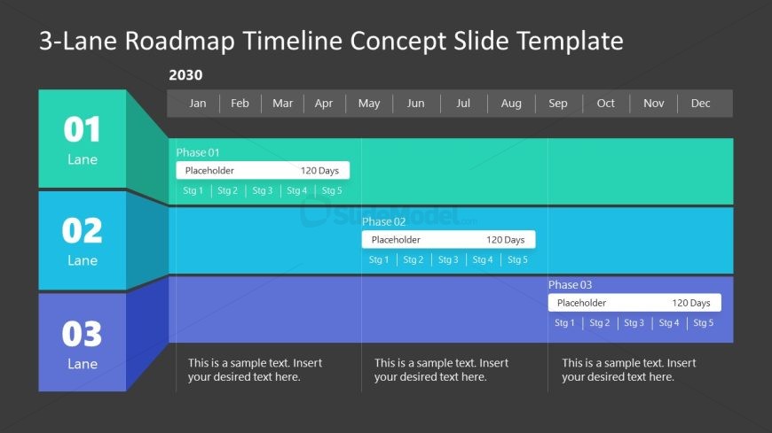 Editable 3-Lane Roadmap Timeline Concept PPT Template 
