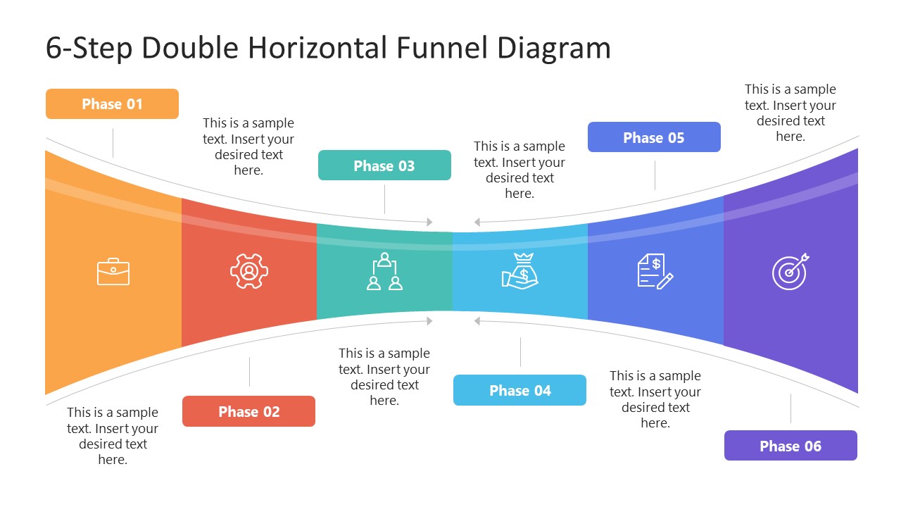 6-Step Horizontal Double Funnel Diagram PPT Template