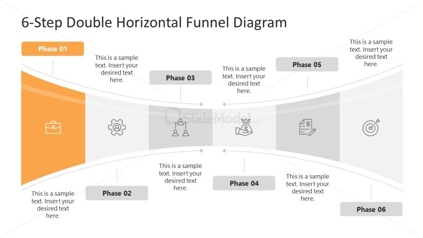6-Step Horizontal Double Funnel Diagram Presentation Slide 