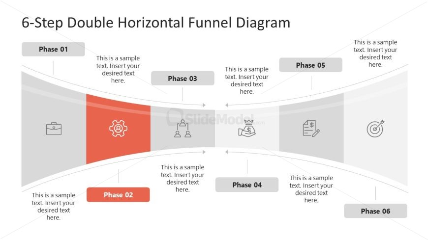 6-Step Horizontal Double Funnel Diagram Template for PowerPoint 
