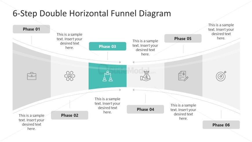 6-Step Horizontal Double Funnel Diagram Template for Presentation 