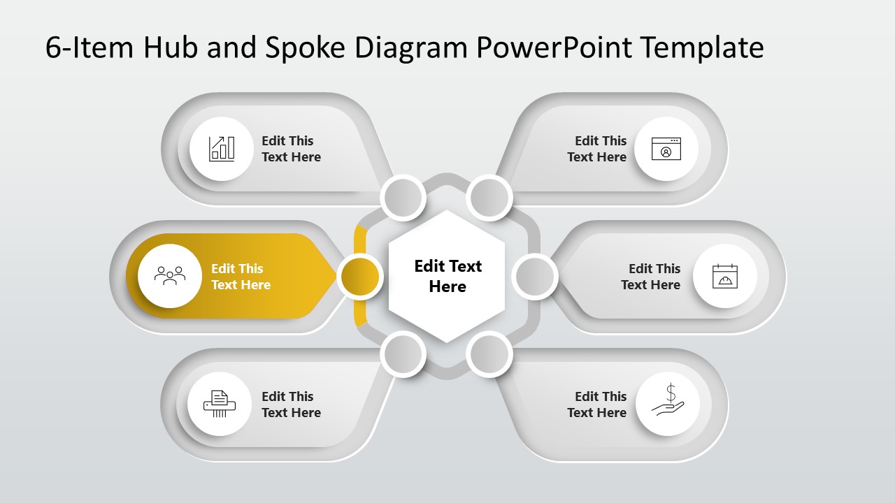 Powerpoint Hub Icon 6-Item Hub & Spoke Diagram PowerPoint Template