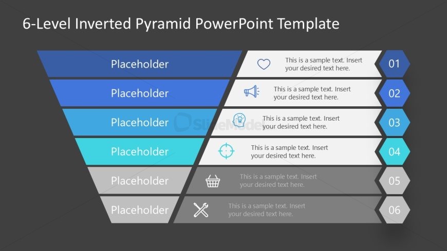 Editable 6-Level Inverted Pyramid PPT Slide