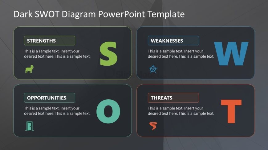 Colorful Letters & Infographics Slide - Dark SWOT Analysis Template