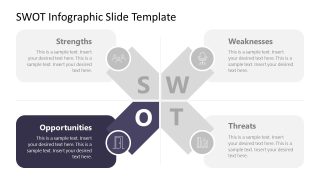 SWOT Infographic Slide Template with quadrants for Strengths, Weaknesses, Opportunities, and Threats, featuring icons and text boxes.