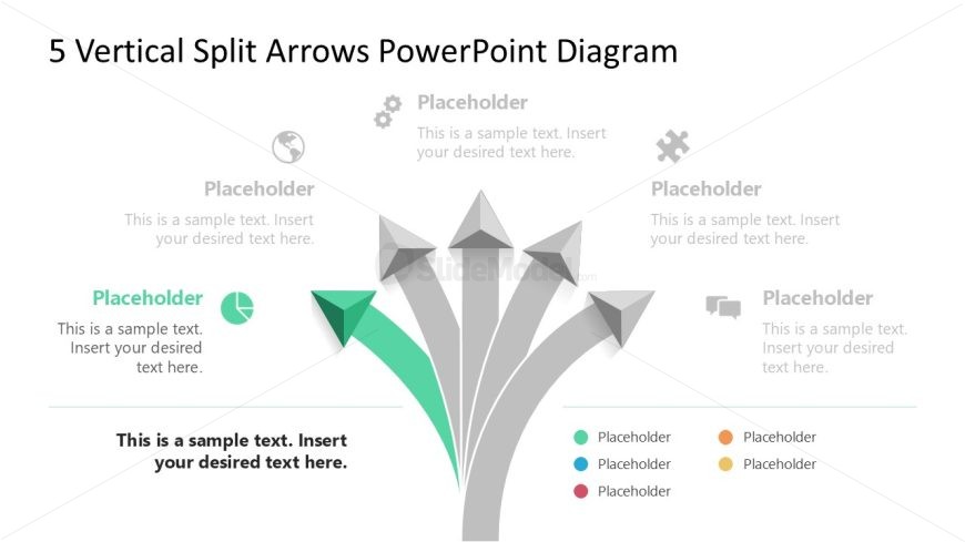 5 Vertical Split Arrows PowerPoint Slide with Spotlight Effect