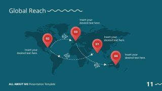 Global Reach Slide Template showcasing a world map with red markers and dotted lines connecting locations, ideal for presentations.