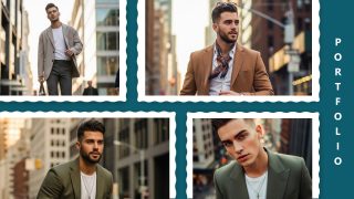 Portfolio presentation slide featuring four images in a grid layout with teal accents, ideal for showcasing personal and professional profiles.