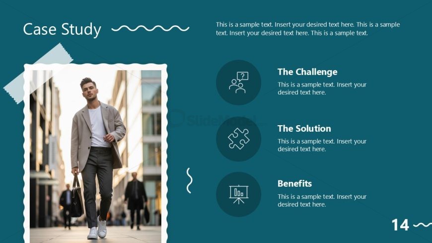 Case Study Slide Template featuring an image on the left and sections for challenge, solution, and benefits on the right. Ideal for presentations.