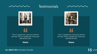 Creative Testimonials Slide Template with images and text boxes for testimonials, designed for impactful presentations.