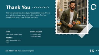 Thank You slide with contact details in teal and white layout, featuring a photo and structured text boxes.