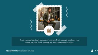 Self-introduction slide featuring a personal image and text area for skills and achievements in a professional setting.