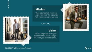Mission and Vision slide template featuring images and text boxes for personal and professional aspirations in a modern teal and white design.