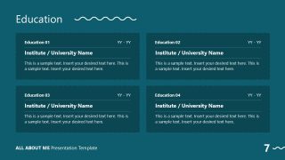 Educational background presentation slide with four blocks for educational details.
