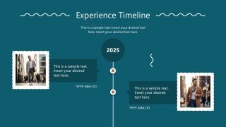 Experience Timeline Slide Template featuring a teal background, a vertical timeline with milestones, and placeholders for images and text.