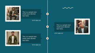 Experience Timeline Slide Template showcasing personal milestones with images and text boxes in a teal background layout.