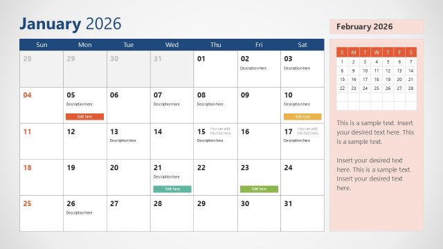 2026 Calendar PowerPoint Template With Sunday as First Day