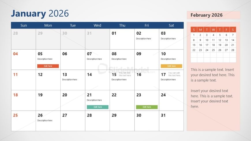 2026 Calendar PPT Template With Sunday as First Day
