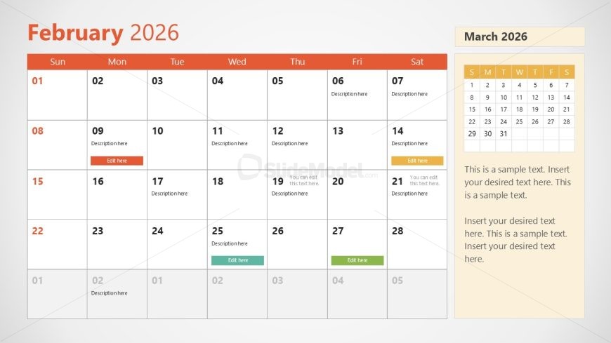 Customizable 2026 Calendar PPT Template With Sunday as First Day