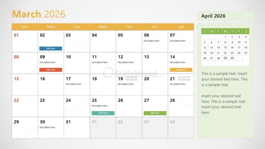 2026 Calendar Presentation Template With Sunday as First Day