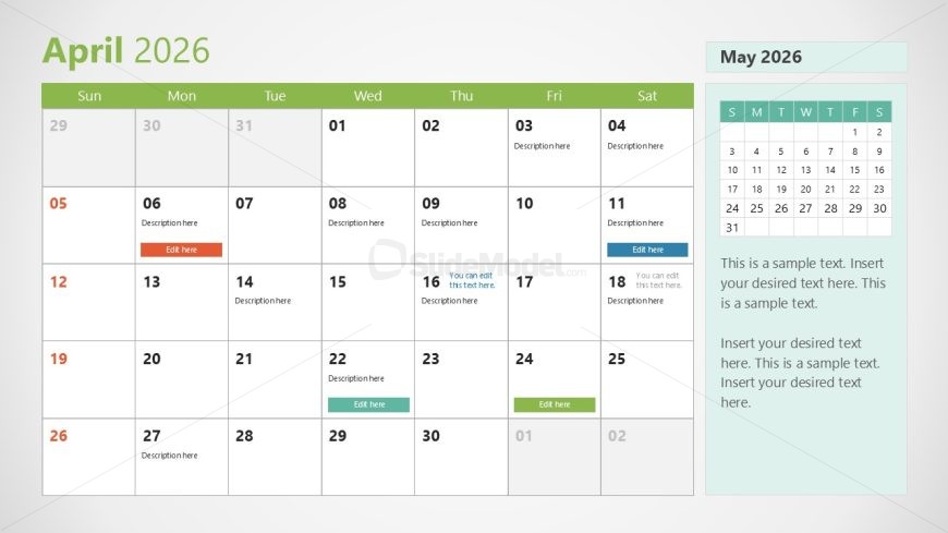 2026 Calendar Template With Sunday as First Day