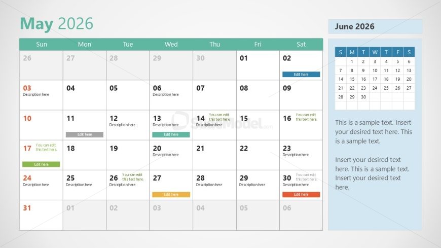 Editable 2026 Calendar Presentation Template With Sunday as First Day