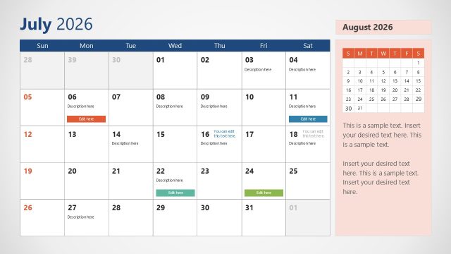 2026 Calendar PPT Slide Template – July Slide