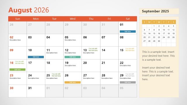 2026 Calendar PPT Slide Template – August Slide