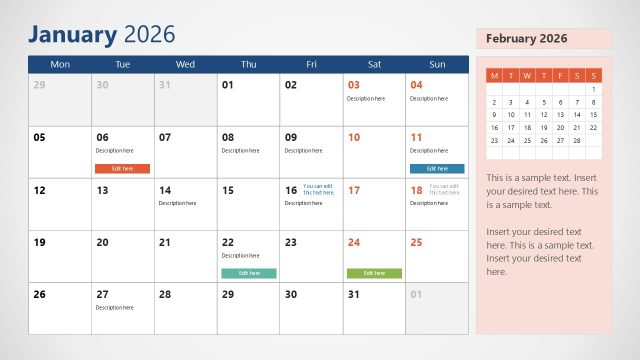 2026 Calendar PowerPoint Template With Monday as First Day