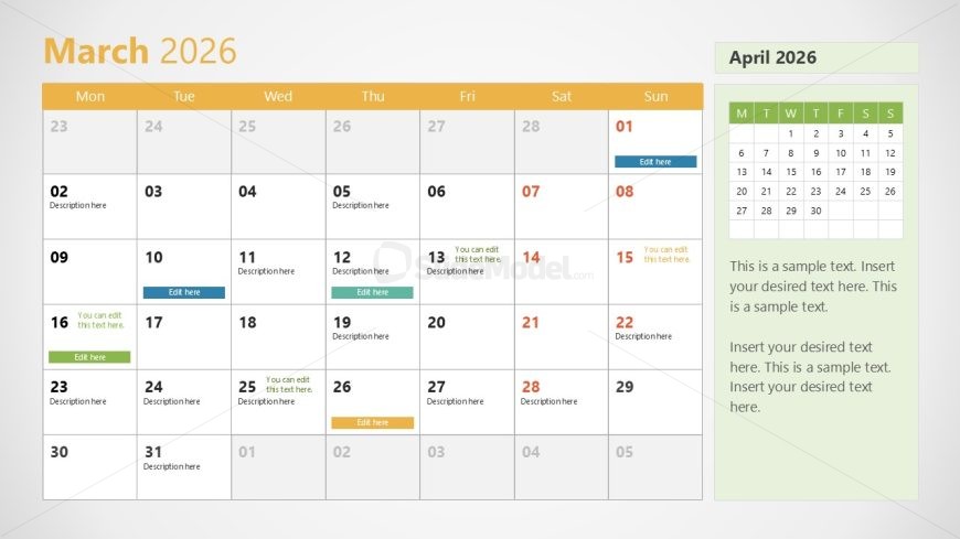 2026 Calendar Template for PowerPoint With Monday as First Day