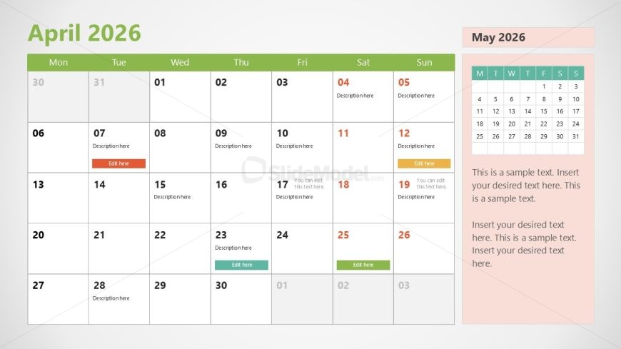 2026 Calendar Template for Presentation With Monday as First Day