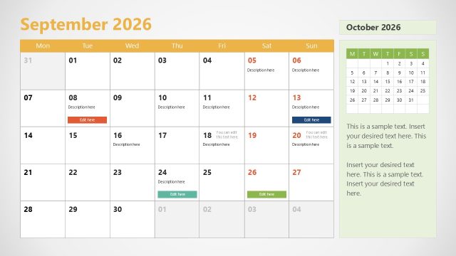 Slide for September – 2026 Calendar PowerPoint Slide Template