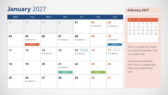 Editable 2027 Calendar PPT Template with Monday as First Day 