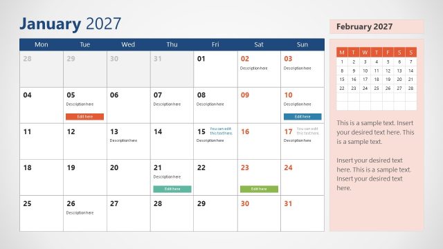 2027 Calendar PowerPoint Template With Monday as First Day