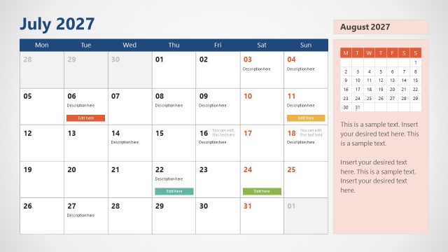 July Slide – 2027 Calendar Template With Monday as First Day