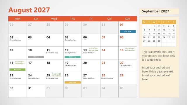 Slide for the Month August – 2027 Calendar PowerPoint Template