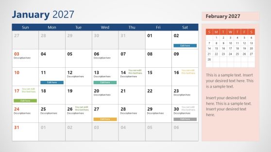 2027 Calendar PowerPoint Template With Sunday as First Day