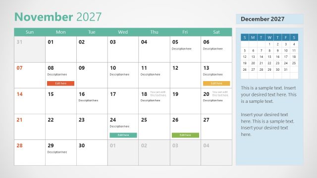 November Slide – 2027 Calendar PPT Template With Sunday as First Day