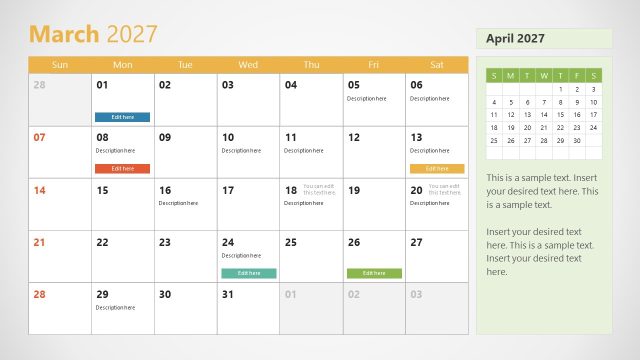 March PPT Slide – 2027 Calendar Template With Sunday as First Day