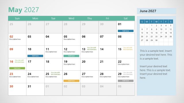 Slide for May Events Overview – 2027 Calendar PPT Template With Sunday as First Day