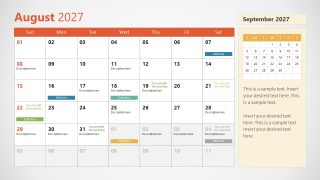 2027 Calendar Template PPT Slide for August 