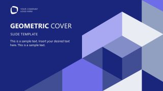 Geometric Cover Slide Template featuring blue and grey colors with placeholder text for customization, ideal for professional presentations.
