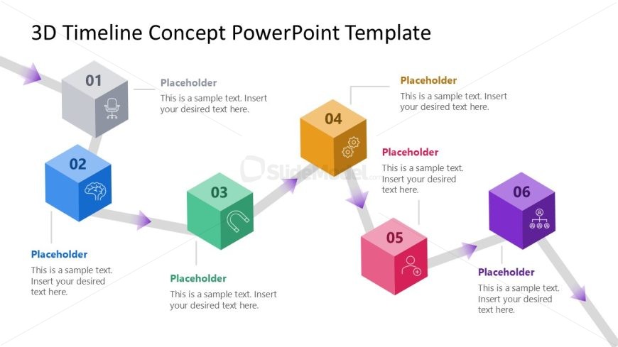 3D timeline concept slide showing six milestones with placeholder text for business presentations.