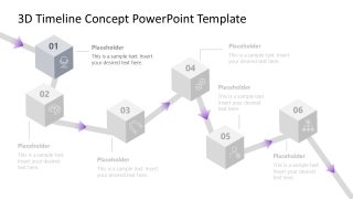 3D Timeline Concept PowerPoint Template with six milestones in a linear arrangement, featuring placeholders for text and purple arrow connectors.