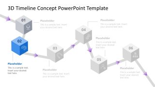 6-Item 3D Timeline Concept Slide Template showcasing six milestones in a horizontal layout with 3D cubes and arrow connectors.